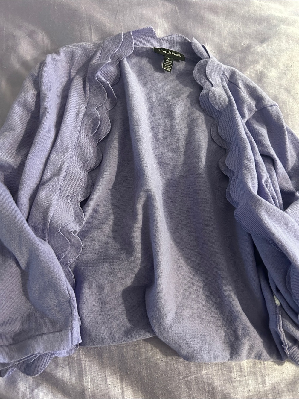 Nina Leonard Lavender Scallop-Trim Open Cardigan